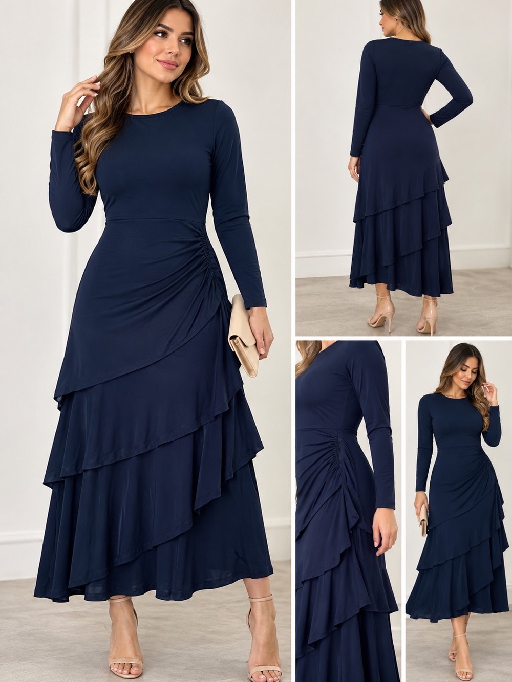 Navy Long-Sleeve Tiered Maxi Dress
